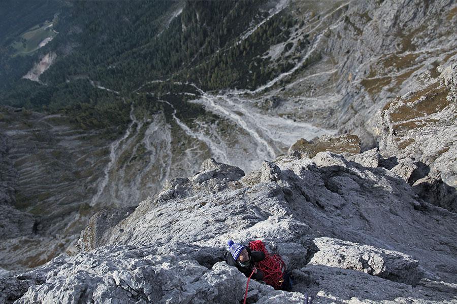 Climbing the Madonna Wall in the Dolomites of Northern Italy